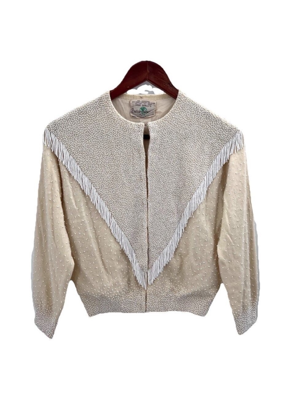 Vintage Gene Shelly's Cream Beaded Fringe Cardigan Sweater Womens Medium